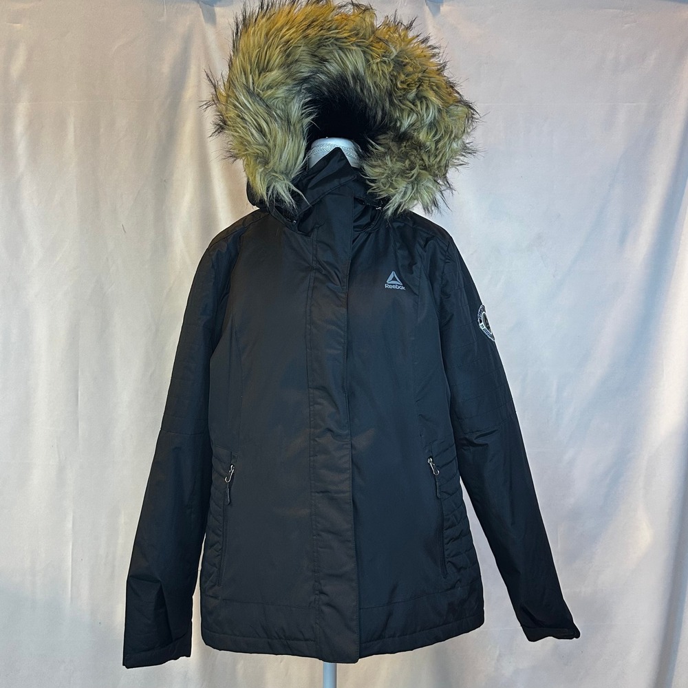 Reebok Size XL Retro Parka Jacket Black Faux Fur Hood Gorpcore Puffer Ski